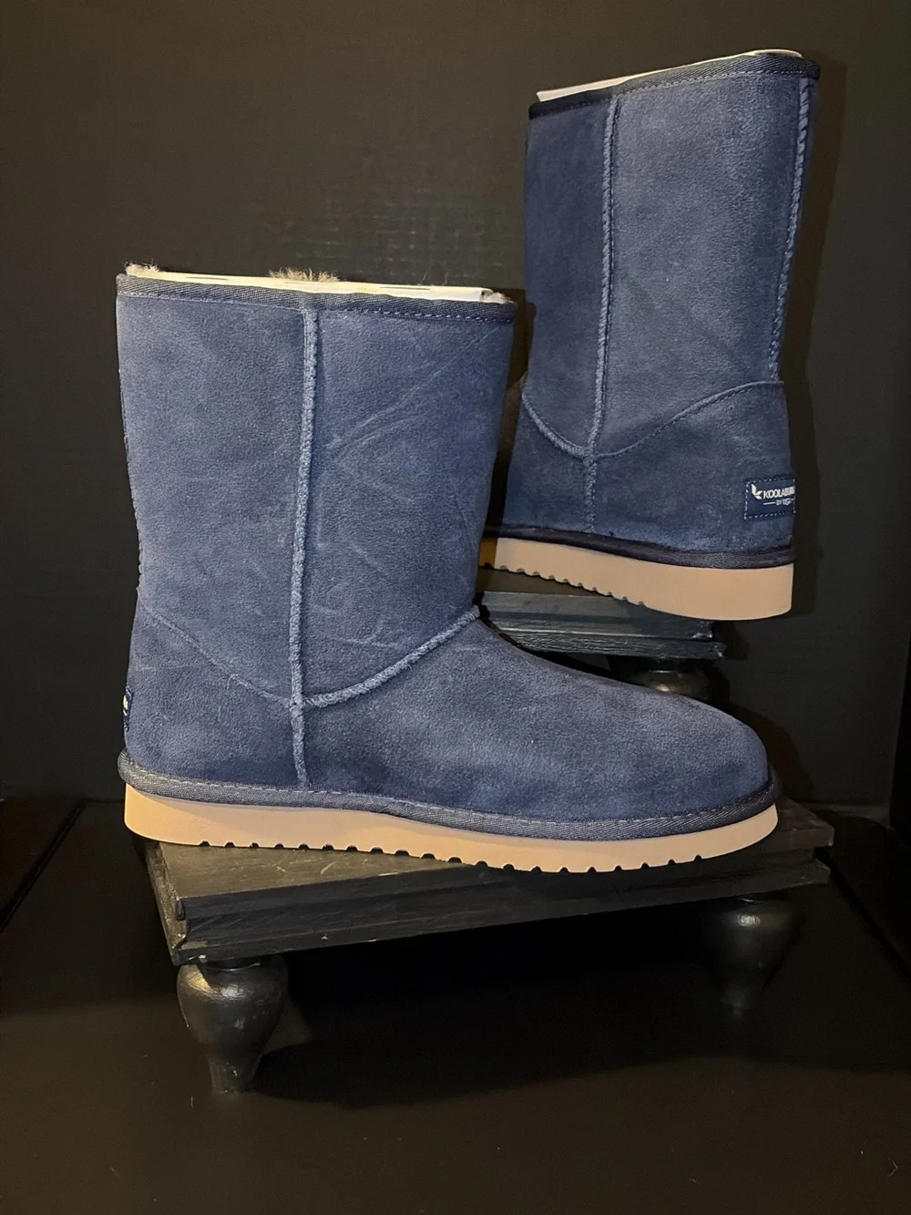 Women's Navy Suede Plush Fur-Trim Mid-Calf Boots
